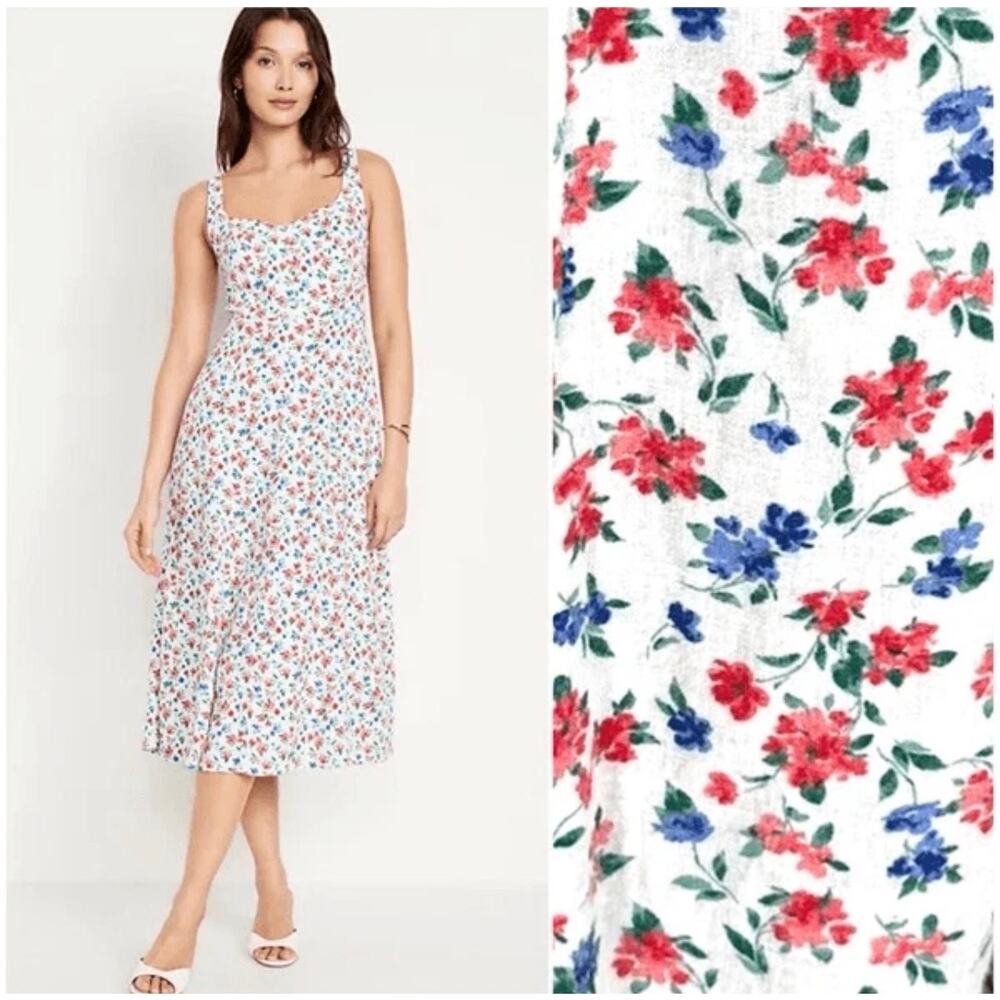 Old Navy Sz M Fit & Flare Ditzy Floral Linen-Blend Midi Womens Sun Dress Natural